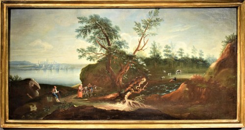 Paysage Lacustre avec foret et personnages - École vénitienne du XVIIIe